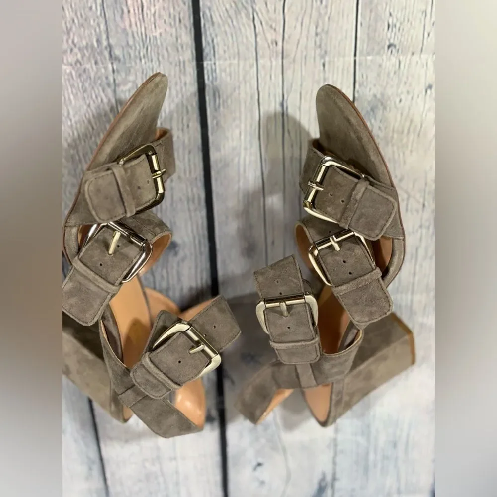Sole Society SO Sable Gray Kidsuede Classic Minimalist Chic Leather Sandals 6.5